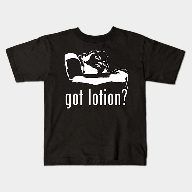 Got Lotion? Buffalo Bill (White) Kids T-Shirt by Zombie Squad Clothing